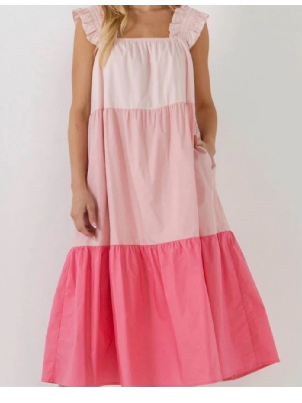 English Factory Pink Colorblock Tiered Ruffle Strap Dress